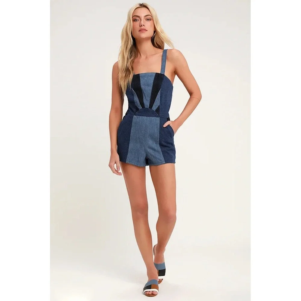 Blank NYC Mixed Emotions Colorblock Denim Romper Blue Sunburst Size 29 - Picture 1 of 8
